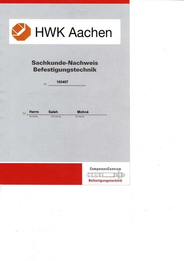 Vorschau des Sachkunde-Nachweises Befestigungstechnik
