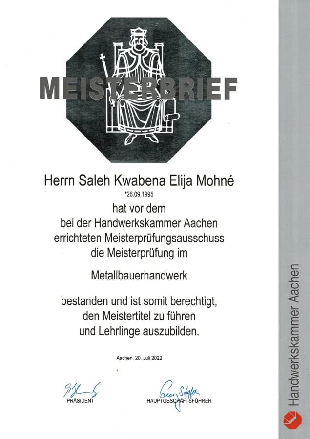 Vorschau des Meisterbriefs im Metallbauerhandwerk